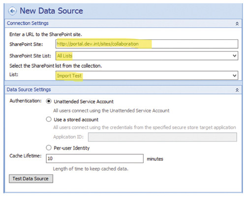 Настройка подключения к источнику данных