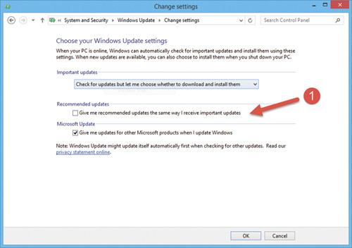 Отмена установки рекомендуемых обновлений вместе с важными в Windows 8.1
