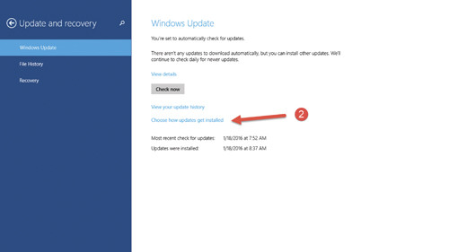 Изменение параметров получения обновлений в окне интерфейса Modern