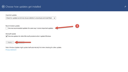 Отмена установки рекомендуемых обновлений вместе с важными в окне интерфейса Modern