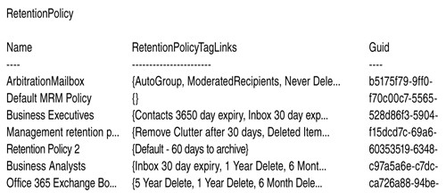 Результаты работы команды Get-RetentionPolicy