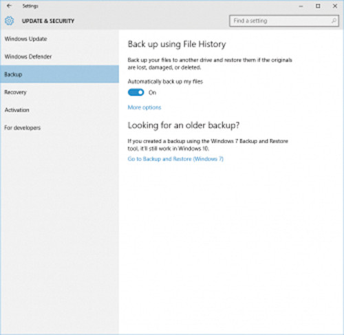 Статус работы «Истории файлов» в приложении «Параметры»