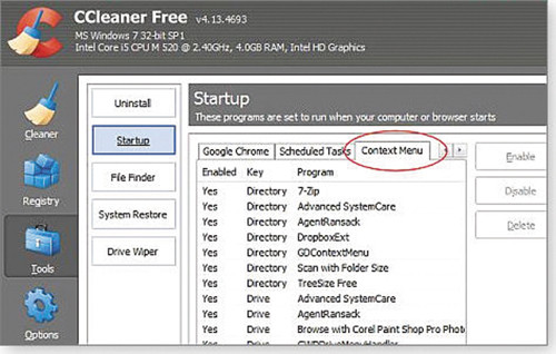 На вкладке CCleaner отображаются приложения, добавляющие свои пункты в контекстное меню Windows