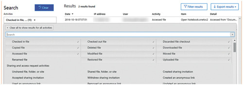 Варианты фильтров для просмотра журнала аудита Office 365