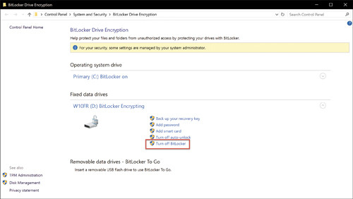 Отключение BitLocker для нужного диска