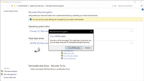 Кнопка «Отключить BitLocker»