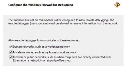 Задание правил брандмауэра для службы отладки