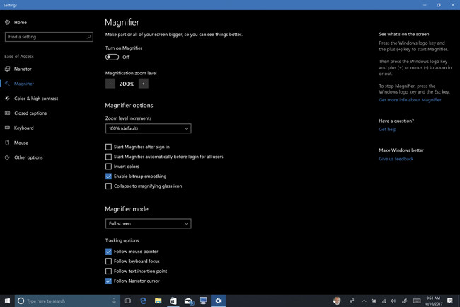 Настройки экранной лупы в обновлении Windows 10 Fall Creators Update