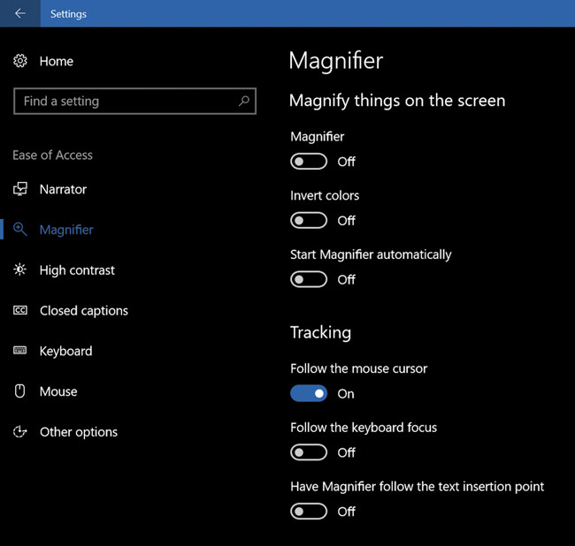 Настройки экранной лупы в обновлении Windows 10 для дизайнеров, выпущенном в апреле 2017 года