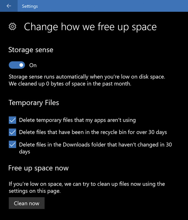 Параметры Storage Sense в обновлении Windows 10 Fall Creators Update