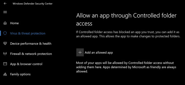 Управление приложениями в Controlled Folder Access в обновлении Windows 10 Fall Creators Update