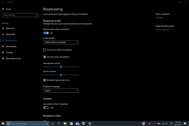 Параметры трансляции игры в обновлении Windows 10 Fall Creators Update