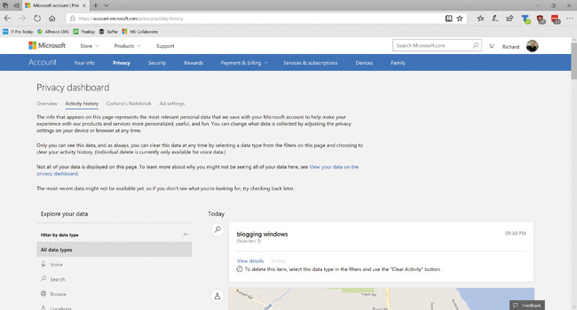 Описание журнала активности на панели мониторинга конфиденциальности учетной записи Microsoft
