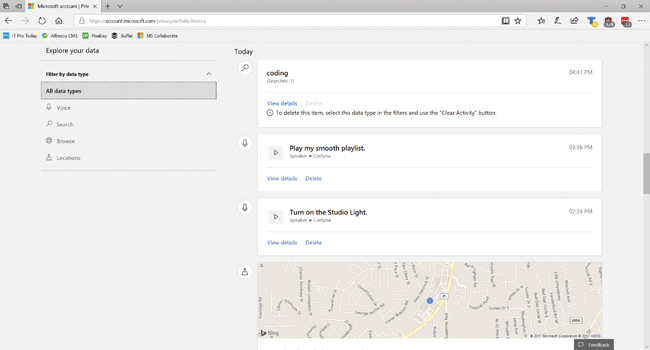 Записи журнала активности на панели мониторинга конфиденциальности