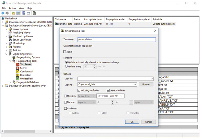 Задача формирования цифровых отпечатков на сервере DeviceLock Enterprise Server