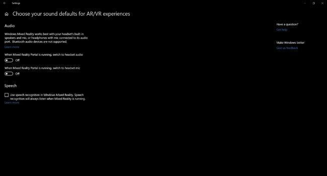 Звуковые настройки гарнитуры Windows Mixed Reality в системе Windows 10 Redstone 4 Build 17074