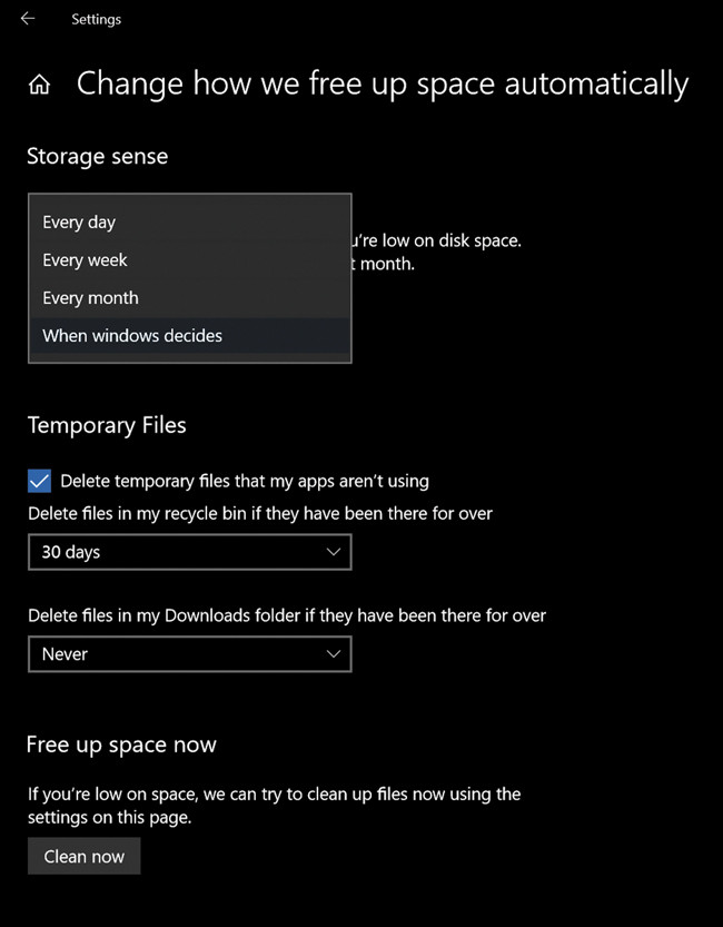 Настройка параметра Storage Sense Periodicity в Windows 10 Redstone 4 Build 17074