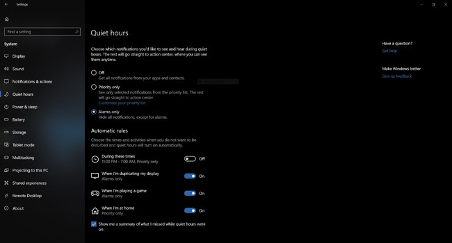 Настройки Quiet Hours в Windows 10 Redstone 4 Build 17074