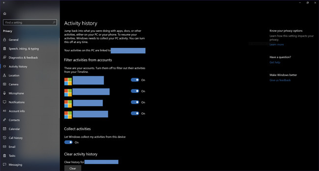 Управление конфиденциальностью Timeline