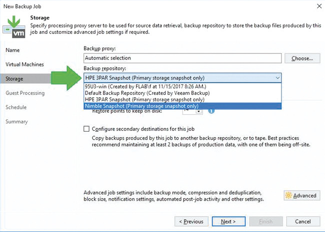 Создание задания резервирования только для моментальных снимков
