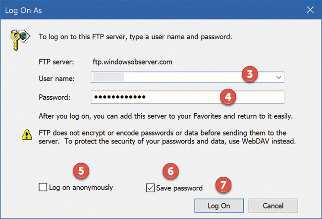 Ввод имени пользователя на сервере FTP