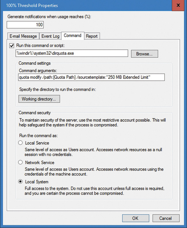 Вкладка Command настраивается для выполнения команды расширения при достижении предела квоты