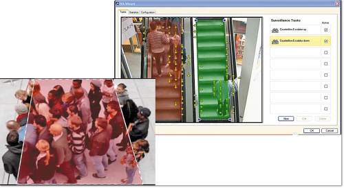 Рисунок 3. Аналитические функции можно использовать для обнаружения объектов, движущихся против потока, оценки плотности скопления людей и оповещения о достижении определенного количества посетителей.