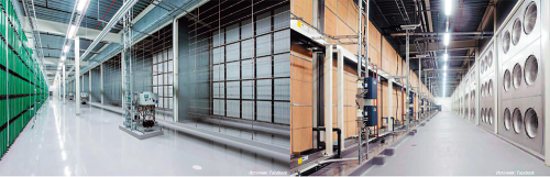 В одном здании ЦОД Facebook в Лулео установлена система адиабатического охлаждения с форсунками высокого давления (на фото слева), в другом — с орошаемыми насадками (справа)