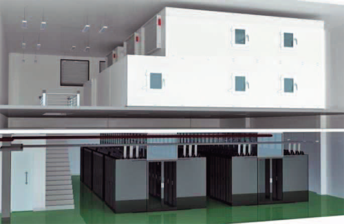 Один из блоков (модулей) ЦОД, построенного компанией Huawei в Харбине. Кондиционер с роторным теплообменником расположен на втором этаже и соединен с улицей для забора воздуха. 48 стоек и система питания постоянного тока размещаются на первом этаже. Потолочное пространство на первом этаже и герметичный холодный коридор служат для подачи воздуха