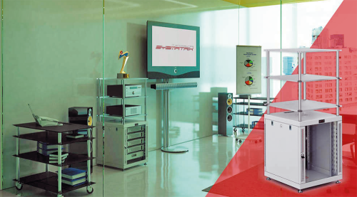 Офисные стеллажи для телекоммуникационного оборудования на базе серверных шкафов серии SYSMATRIX ER разработки «Нетворк Инжиниринг» позволяют оптимально и эффективно использовать пространство деловых помещений. Благодаря установленным над шкафом стеклянным полкам стало возможно разместить в одном месте сервер, телекоммуникационное и офисное оборудование, мультимедиа и оргтехнику