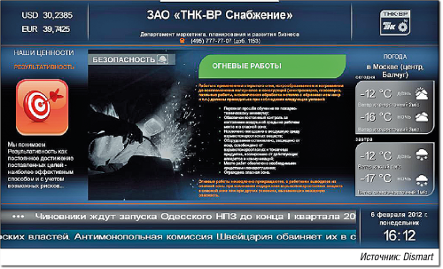 Рисунок 2. На дисплеях корпоративной системы Digital Signage могут отображаться корпоративные новости, графики бизнес-показателей, распоряжения руководства и пр.