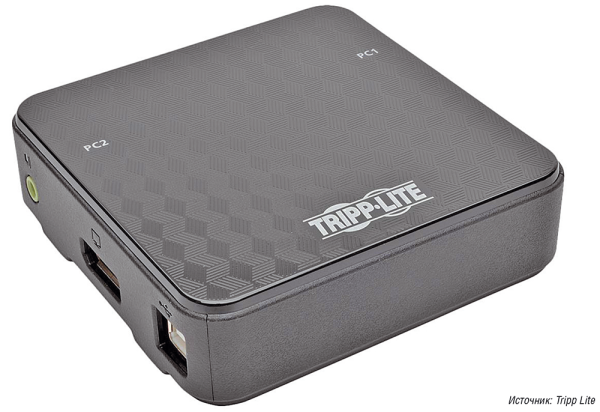 Рис. 3. Настольный двухпортовый переключатель KVM/аудио/USB B004-DP2UA2-K производства Tripp Lite позволяет контролировать два компьютера с поддержкой DisplayPort 1.2 с разрешением до 4K посредством одного комплекта из монитора DisplayPort, клавиатуры и мыши USB