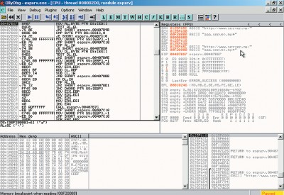 Рис. 4. Отладчик Olly Debugger останавливает процесс espsrv в момент обращения к шаблону URL