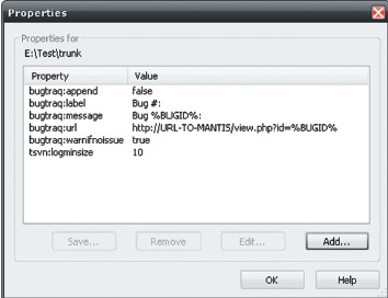 Рис. 3. Свойства каталогов, которые нужно задать для правильной работы связки Mantis+Subversion