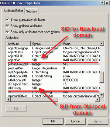 Экран 1. Новая учетная запись пользователя с двумя идентификаторами SID