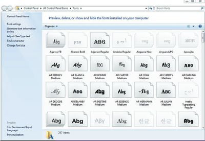 Экран. Просмотр образцов текста в папке Fonts