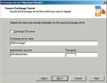 Экран 2. Определение исходного сервера в окне мастера Exchange Server Migration Wizard
